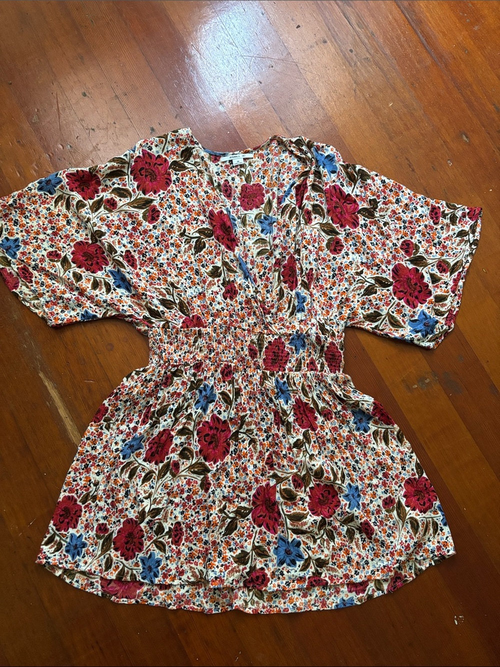 O'Neill Cream Floral Smocked Waist Dress with Pink & Blue Blooms